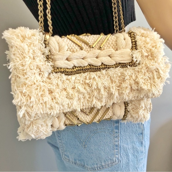 ZARA Unique Boho Beaded Cream Golden Tone Chain &Hardware Crossbody Shoulder Bag - Picture 2 of 15